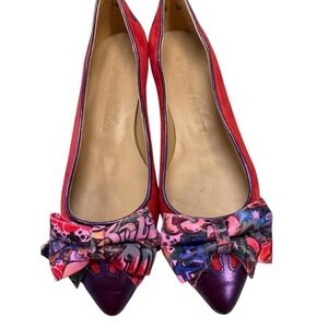 Dream Walkers Suede Pointed Flats Multicolored Bow and Purple Metallic Toe 37